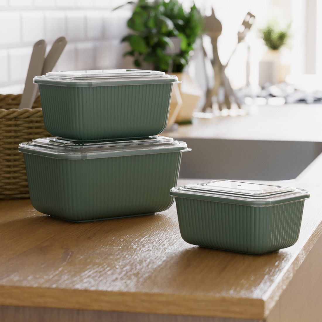 3 Parça Snap Lid Line Dikdörtgen Set (600-1100-1800 ml)