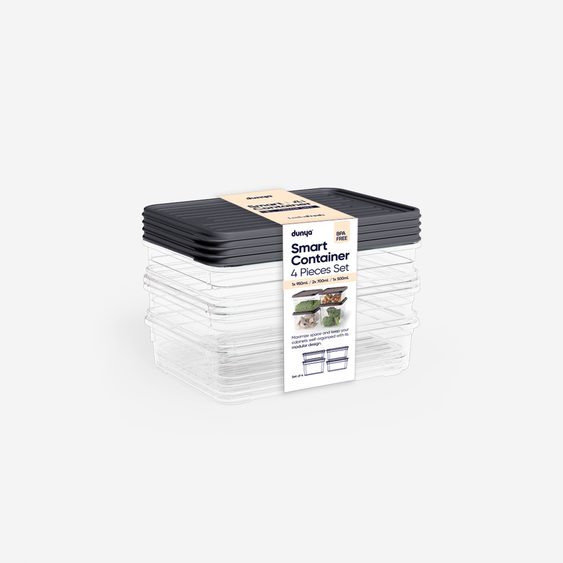 4 Parça Smart Modüler Set ( 500 ml, 2x700 ml, 950 ml )