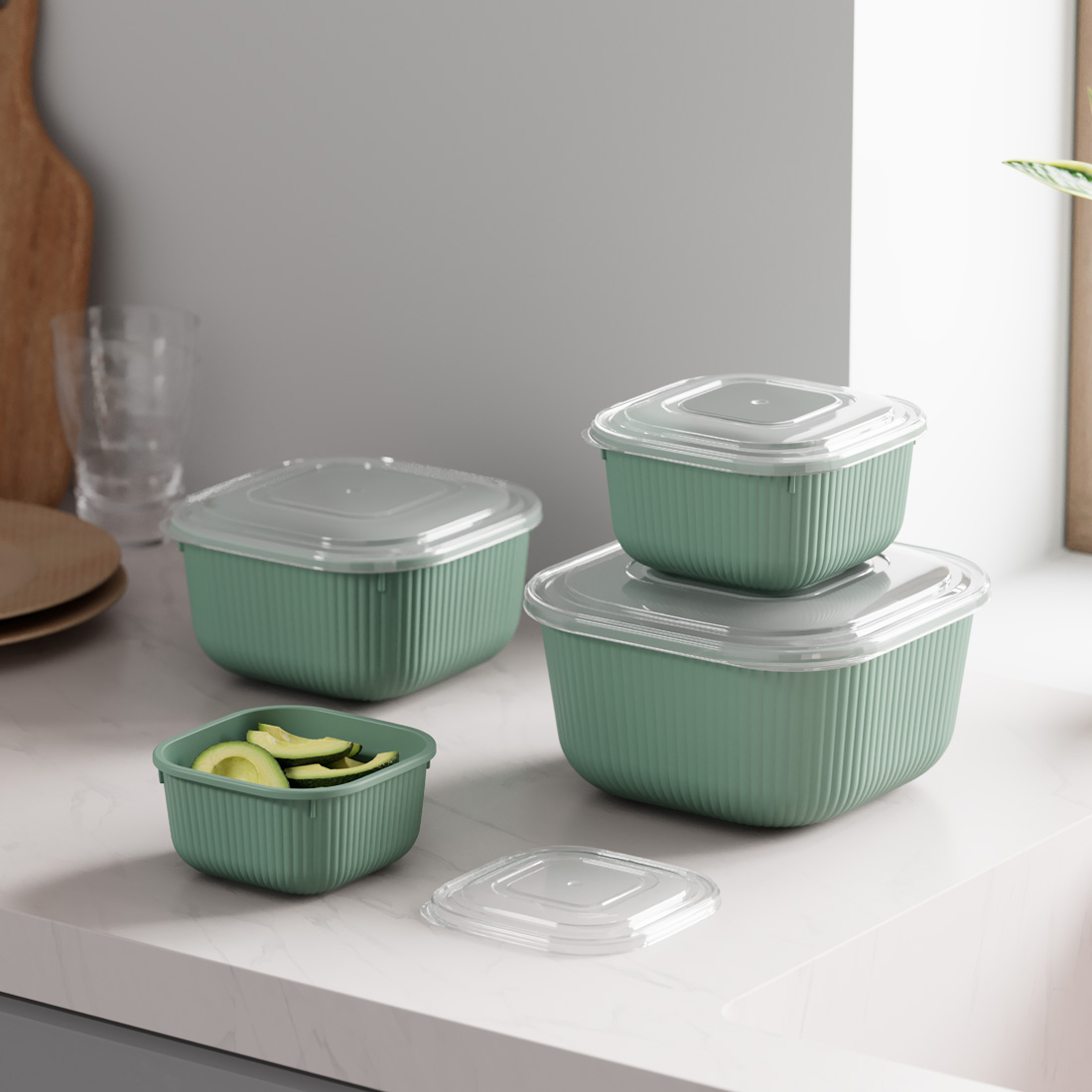 4 Pcs Snap Lid Line Square Set (600-1100-1800-3000 ml)